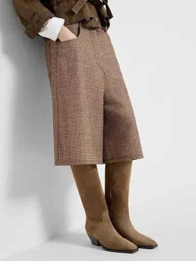 Brunello Cucinelli Women's Sparkling Virgin Wool Houndstooth Long Bermuda Shorts with Monili - Brown - Size 14 | Thumbnail 5