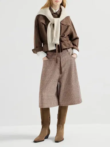 Brunello Cucinelli Women's Sparkling Virgin Wool Houndstooth Long Bermuda Shorts with Monili - Brown - Size 14 | Thumbnail 6