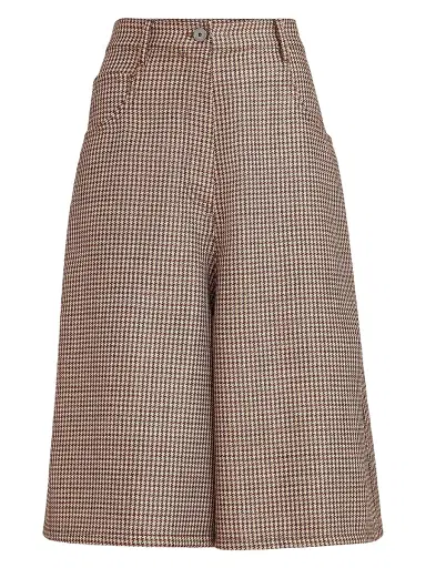 Brunello Cucinelli Women's Sparkling Virgin Wool Houndstooth Long Bermuda Shorts with Monili - Brown - Size 14 | Thumbnail 1
