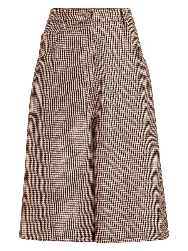 Brunello Cucinelli Women's Sparkling Virgin Wool Houndstooth Long Bermuda Shorts with Monili - Brown