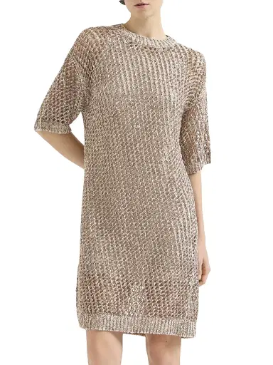 Brunello Cucinelli Women's Dazzling Chiné Net Knit Dress in Silk and Linen - Rope - Size XXXL | Thumbnail 2 Brunello Cucinelli Women's Dazzling Chiné Net Knit Dress in Silk and Linen - Rope - Size XXXL | Thumbnail 2