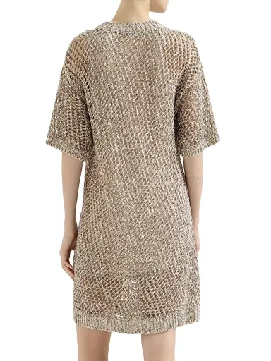 Brunello Cucinelli Women's Dazzling Chiné Net Knit Dress in Silk and Linen - Rope - Size XXXL | Thumbnail 3 Brunello Cucinelli Women's Dazzling Chiné Net Knit Dress in Silk and Linen - Rope - Size XXXL | Thumbnail 3
