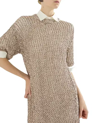 Brunello Cucinelli Women's Dazzling Chiné Net Knit Dress in Silk and Linen - Rope - Size XXXL | Thumbnail 4 Brunello Cucinelli Women's Dazzling Chiné Net Knit Dress in Silk and Linen - Rope - Size XXXL | Thumbnail 4