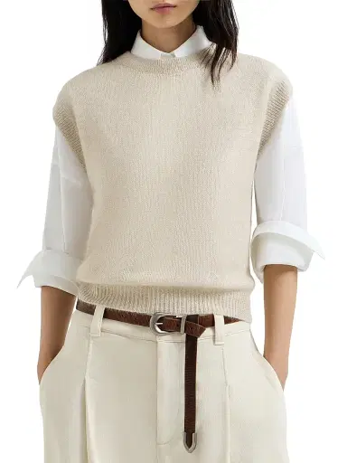 Brunello Cucinelli Women's Sparkling Mohair and Wool Knit T-Shirt with Monili | Thumbnail 2 Brunello Cucinelli Women's Sparkling Mohair and Wool Knit T-Shirt with Monili | Thumbnail 2