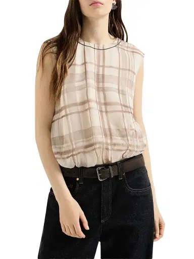 Brunello Cucinelli Women's Silk Organza T-Shirt in Macrocheck Print with Shiny Neck Detail - Beige - Size XXXL | Thumbnail 2 Brunello Cucinelli Women's Silk Organza T-Shirt in Macrocheck Print with Shiny Neck Detail - Beige - Size XXXL | Thumbnail 2
