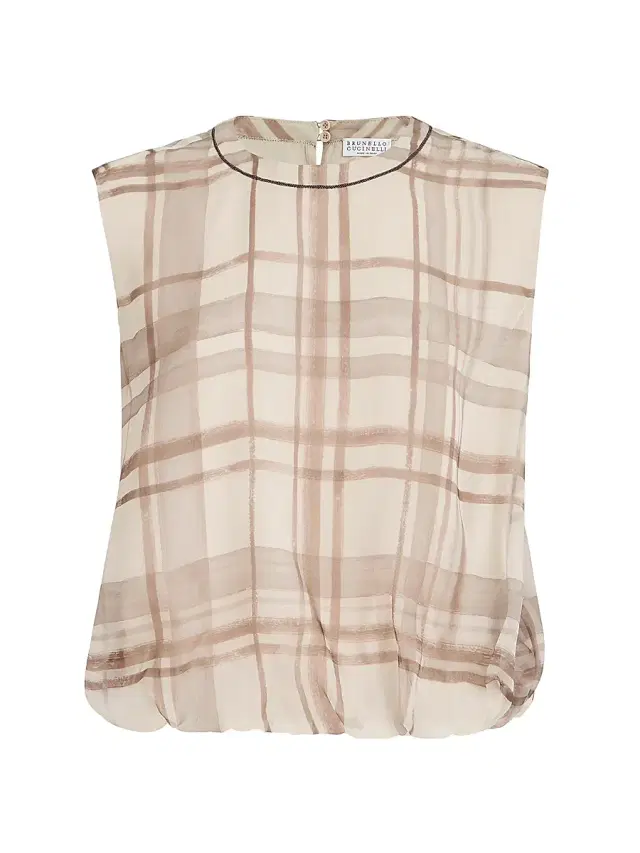 Brunello Cucinelli Women's Silk Organza T-Shirt in Macrocheck Print with Shiny Neck Detail - Beige