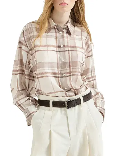 Brunello Cucinelli Women's Silk Pongée Shirt in Macrocheck Print | Thumbnail 2 Brunello Cucinelli Women's Silk Pongée Shirt in Macrocheck Print | Thumbnail 2
