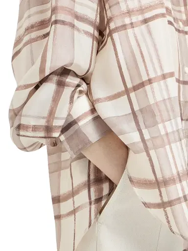 Brunello Cucinelli Women's Silk Pongée Shirt in Macrocheck Print | Thumbnail 4 Brunello Cucinelli Women's Silk Pongée Shirt in Macrocheck Print | Thumbnail 4