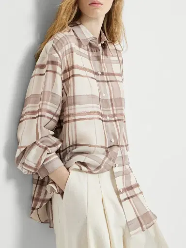 Brunello Cucinelli Women's Silk Pongée Shirt in Macrocheck Print | Thumbnail 5 Brunello Cucinelli Women's Silk Pongée Shirt in Macrocheck Print | Thumbnail 5