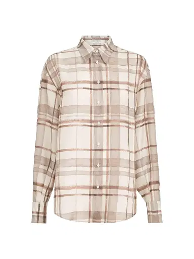 Brunello Cucinelli Women's Silk Pongée Shirt in Macrocheck Print | Thumbnail 1 Brunello Cucinelli Women's Silk Pongée Shirt in Macrocheck Print | Thumbnail 1