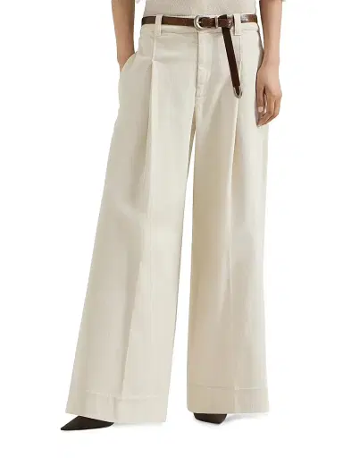 Brunello Cucinelli Women's Stretch Dyed Denim Pleated A Line Trousers with Monili - Milk - Size 0 | Thumbnail 2