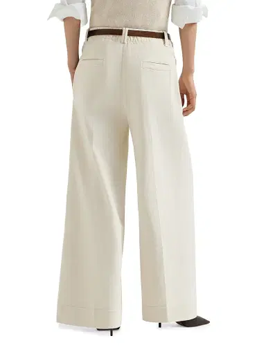Brunello Cucinelli Women's Stretch Dyed Denim Pleated A Line Trousers with Monili - Milk - Size 0 | Thumbnail 3