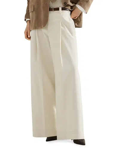 Brunello Cucinelli Women's Stretch Dyed Denim Pleated A Line Trousers with Monili - Milk - Size 0 | Thumbnail 4