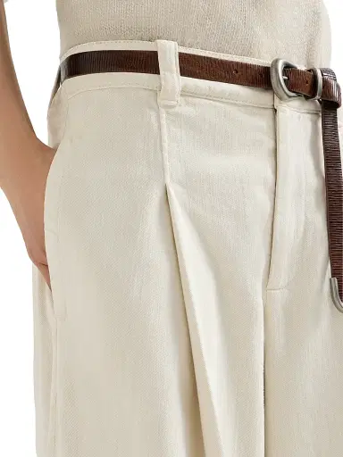 Brunello Cucinelli Women's Stretch Dyed Denim Pleated A Line Trousers with Monili - Milk - Size 0 | Thumbnail 5