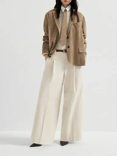 Brunello Cucinelli Women's Stretch Dyed Denim Pleated A Line Trousers with Monili - Milk - Size 0 | Thumbnail 6