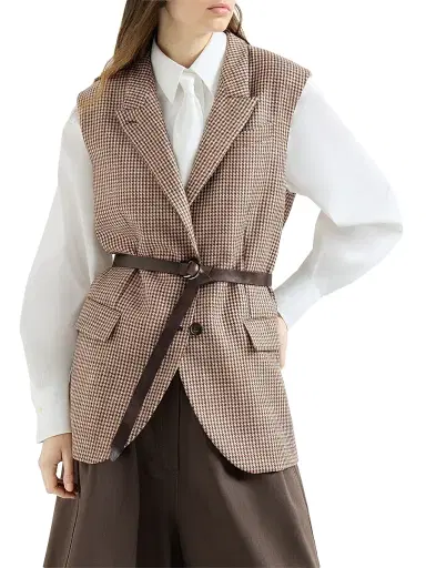Brunello Cucinelli Women's Sparkling Virgin Wool Houndstooth Vest with Leather Inserts, Belt and Monili - Brown | Thumbnail 2
