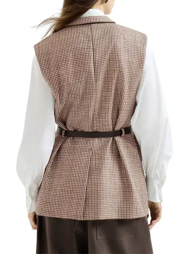 Brunello Cucinelli Women's Sparkling Virgin Wool Houndstooth Vest with Leather Inserts, Belt and Monili - Brown | Thumbnail 3