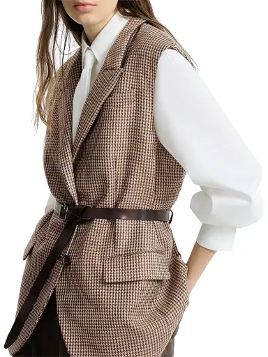 Brunello Cucinelli Women's Sparkling Virgin Wool Houndstooth Vest with Leather Inserts, Belt and Monili - Brown | Thumbnail 4