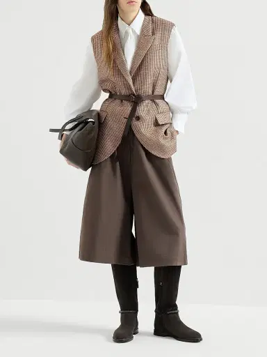 Brunello Cucinelli Women's Sparkling Virgin Wool Houndstooth Vest with Leather Inserts, Belt and Monili - Brown | Thumbnail 6