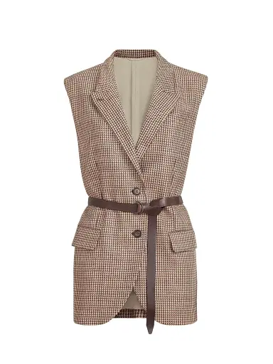 Brunello Cucinelli Women's Sparkling Virgin Wool Houndstooth Vest with Leather Inserts, Belt and Monili - Brown | Thumbnail 1