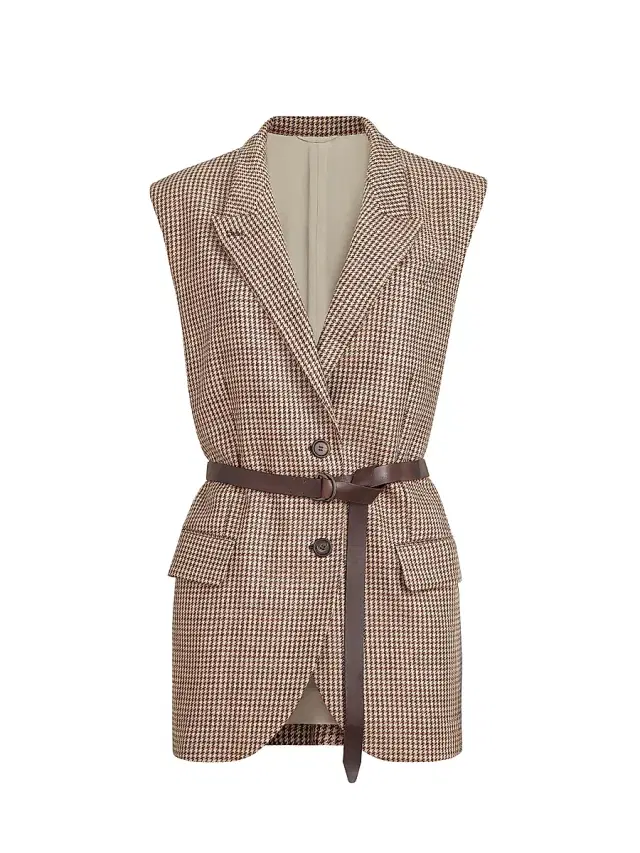 Brunello Cucinelli Women's Sparkling Virgin Wool Houndstooth Vest with Leather Inserts, Belt and Monili - Brown