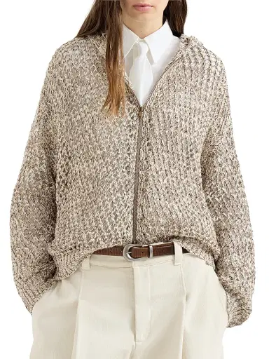 Brunello Cucinelli Women's Dazzling Chiné Net Hooded Cardigan in Silk and Linen with Zipper - Rope - Size XXXL | Thumbnail 2