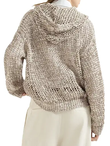 Brunello Cucinelli Women's Dazzling Chiné Net Hooded Cardigan in Silk and Linen with Zipper - Rope - Size XXXL | Thumbnail 3
