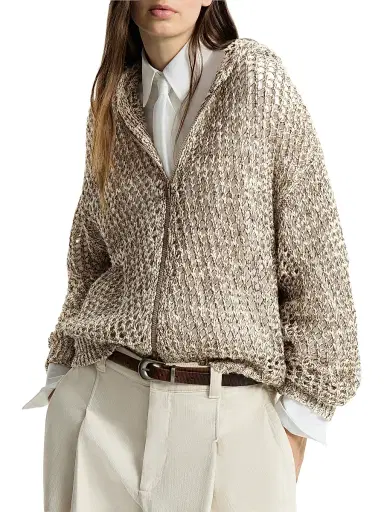 Brunello Cucinelli Women's Dazzling Chiné Net Hooded Cardigan in Silk and Linen with Zipper | Thumbnail 4 Brunello Cucinelli Women's Dazzling Chiné Net Hooded Cardigan in Silk and Linen with Zipper | Thumbnail 4