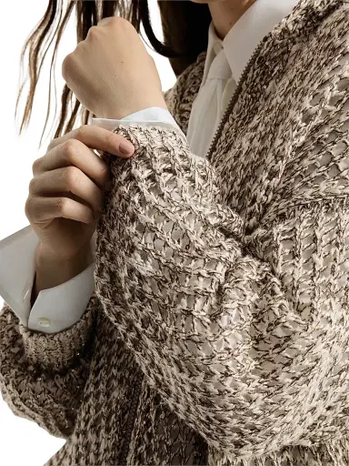 Brunello Cucinelli Women's Dazzling Chiné Net Hooded Cardigan in Silk and Linen with Zipper | Thumbnail 5 Brunello Cucinelli Women's Dazzling Chiné Net Hooded Cardigan in Silk and Linen with Zipper | Thumbnail 5
