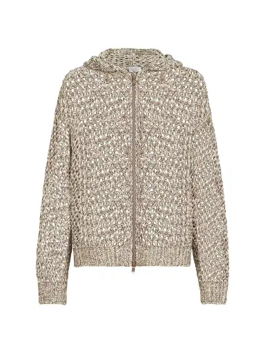Brunello Cucinelli Women's Dazzling Chiné Net Hooded Cardigan in Silk and Linen with Zipper | Thumbnail 1 Brunello Cucinelli Women's Dazzling Chiné Net Hooded Cardigan in Silk and Linen with Zipper | Thumbnail 1