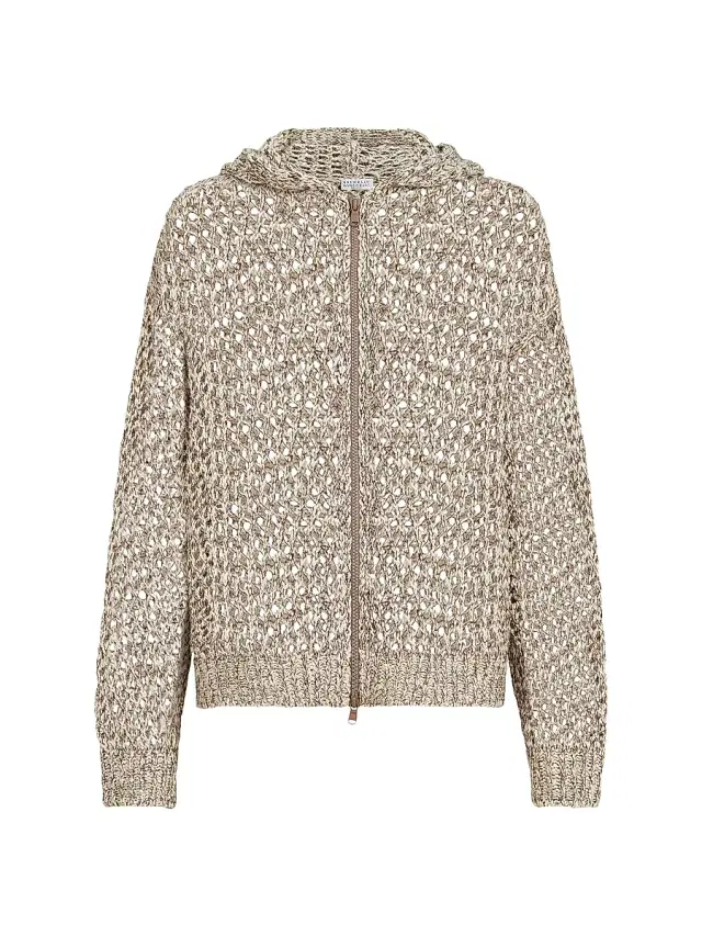 Brunello Cucinelli Women's Dazzling Chiné Net Hooded Cardigan in Silk and Linen with Zipper - Rope