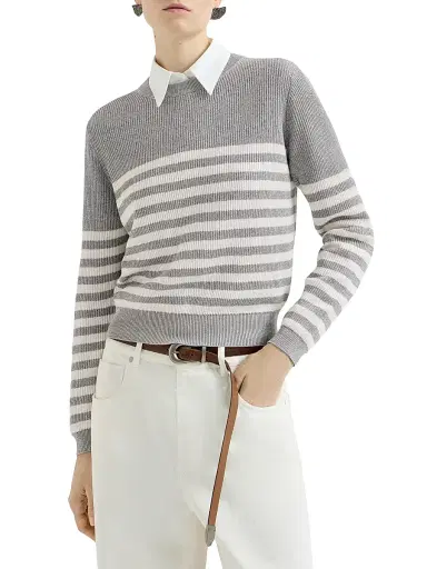 Brunello Cucinelli Women's Sparkling Cotton Striped English Rib Sweater - Silver - Size XXXL | Thumbnail 2