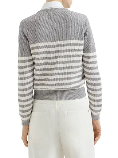 Brunello Cucinelli Women's Sparkling Cotton Striped English Rib Sweater - Silver - Size XXXL | Thumbnail 3