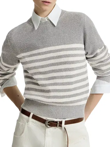 Brunello Cucinelli Women's Sparkling Cotton Striped English Rib Sweater - Silver - Size XXXL | Thumbnail 4