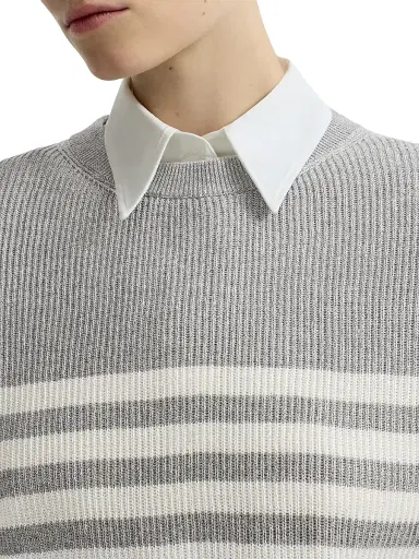 Brunello Cucinelli Women's Sparkling Cotton Striped English Rib Sweater - Silver - Size XXXL | Thumbnail 5