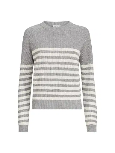 Brunello Cucinelli Women's Sparkling Cotton Striped English Rib Sweater - Silver - Size XXXL | Thumbnail 1
