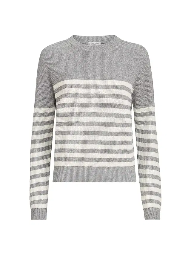 Brunello Cucinelli Women's Sparkling Cotton Striped English Rib Sweater - Silver