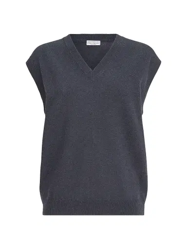 Brunello Cucinelli Women's Cashmere Sweater Vest with Monili - Blue | Thumbnail 1