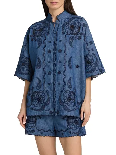 Zimmermann Women's Aster Embroidered Denim Shirt - Railway Blue - Size 10 | Thumbnail 3