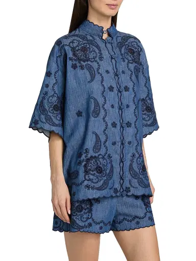 Zimmermann Women's Aster Embroidered Denim Shirt - Railway Blue - Size 10 | Thumbnail 4