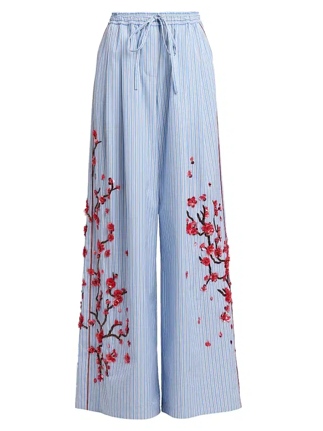 Dolce & Gabbana Women's Floral-Embellished Striped Cotton-Silk Drawstring Pants - Ricamati