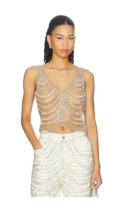 Draped Crystal Embroidery V Neck Tank