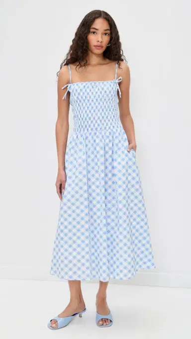 English Factory Checked Smocked Midi Dress Powder Blue | Thumbnail 2 English Factory Checked Smocked Midi Dress Powder Blue | Thumbnail 2