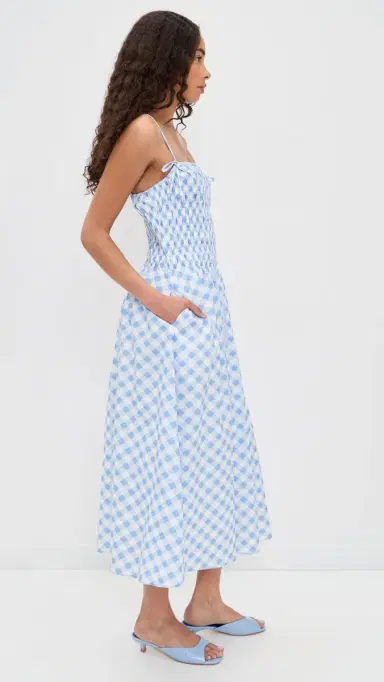 English Factory Checked Smocked Midi Dress Powder Blue | Thumbnail 4 English Factory Checked Smocked Midi Dress Powder Blue | Thumbnail 4