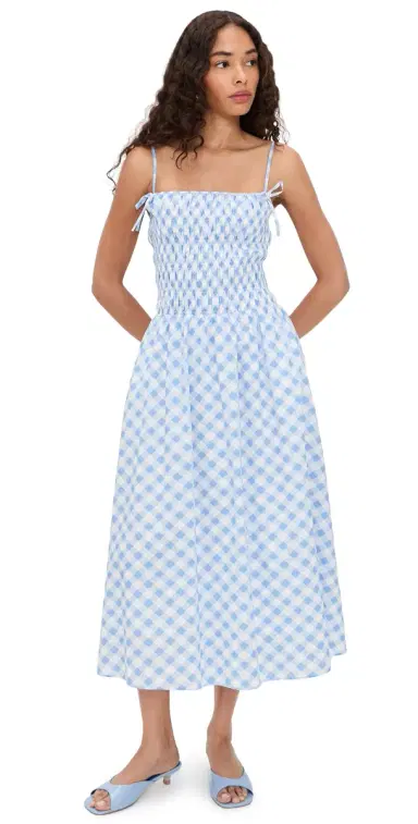 English Factory Checked Smocked Midi Dress Powder Blue | Thumbnail 1 English Factory Checked Smocked Midi Dress Powder Blue | Thumbnail 1