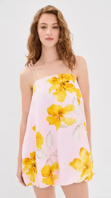 Kivari Francine Linen Bubble Mini Dress Pink Yellow | Thumbnail 2