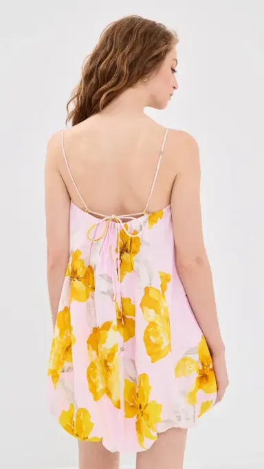 Kivari Francine Linen Bubble Mini Dress Pink Yellow | Thumbnail 3