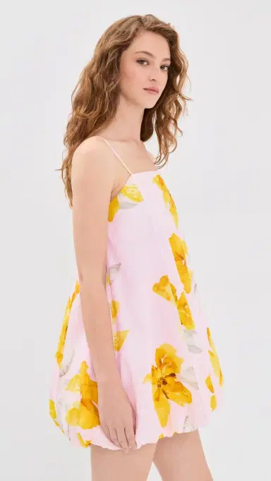 Kivari Francine Linen Bubble Mini Dress Pink Yellow | Thumbnail 4