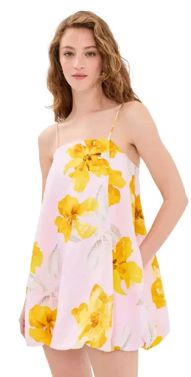 Kivari Francine Linen Bubble Mini Dress Pink Yellow | Thumbnail 1