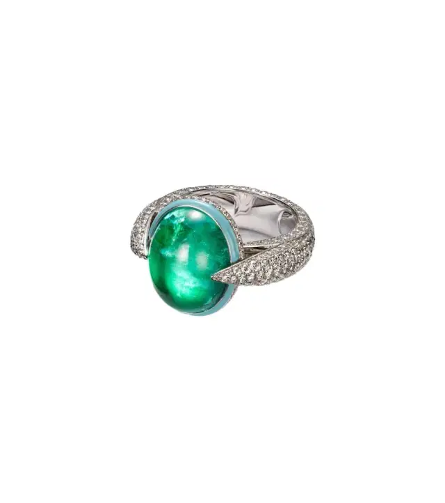 Kamyen 18kt white gold ring with emeralds and diamonds